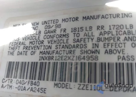 1999 Toyota Corolla Ce z USA, uszkodzony, nr VIN 1NXBR12E2XZ164958